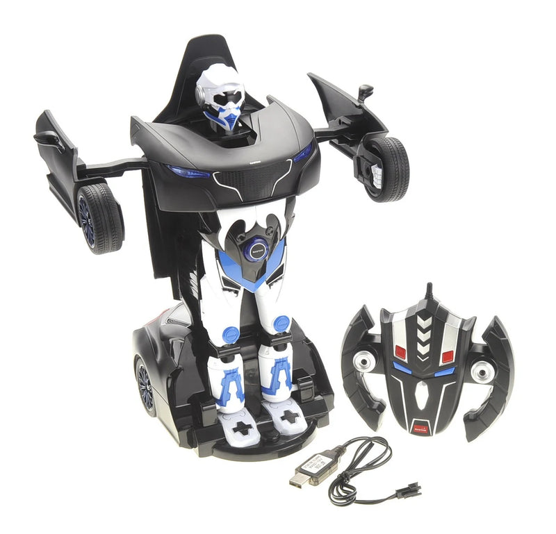 Transforming robot toy with remote control on a white background