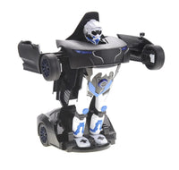 Toy robot transforming from a car to a humanoid figure on a white background