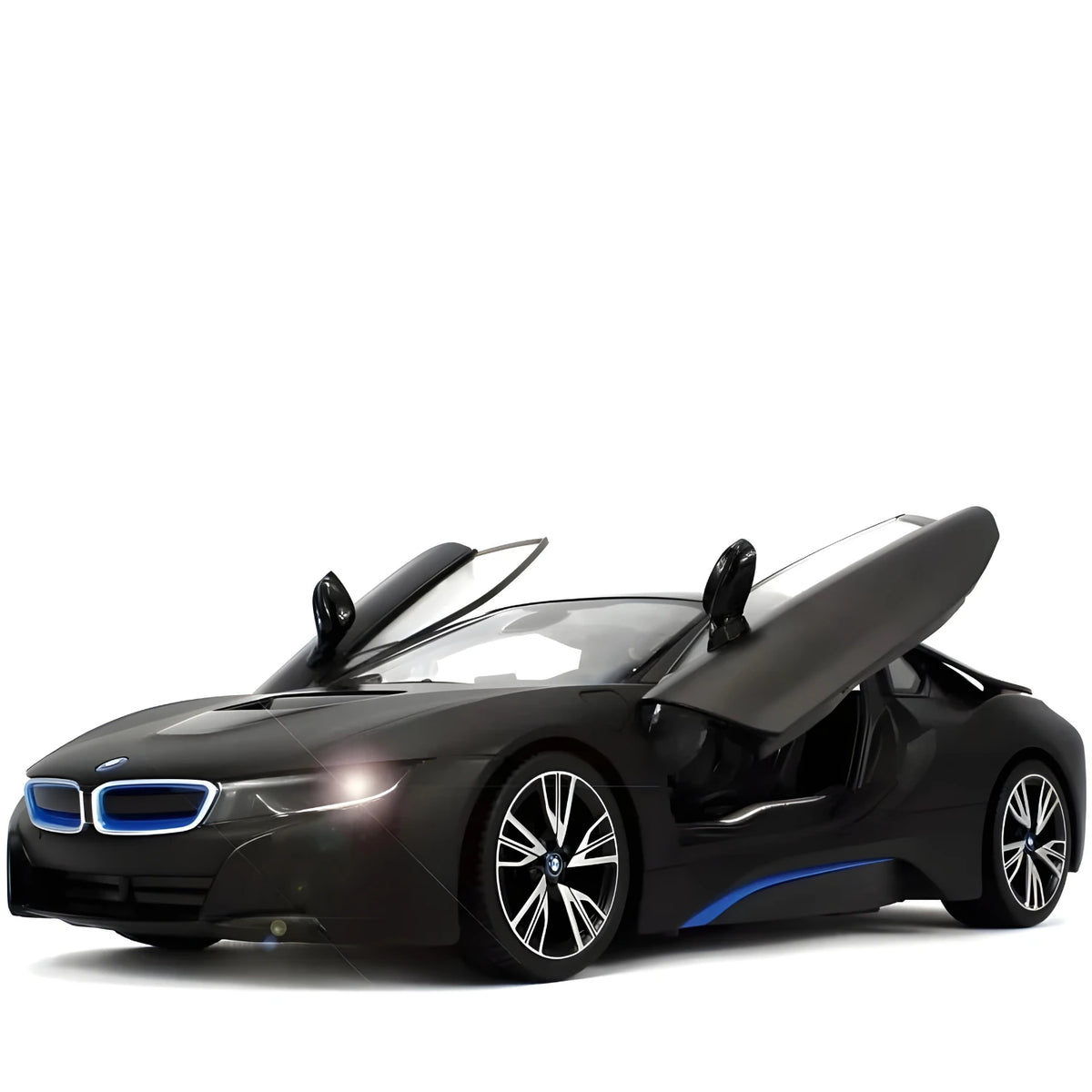 Black BMW i8 car with open doors on a white background