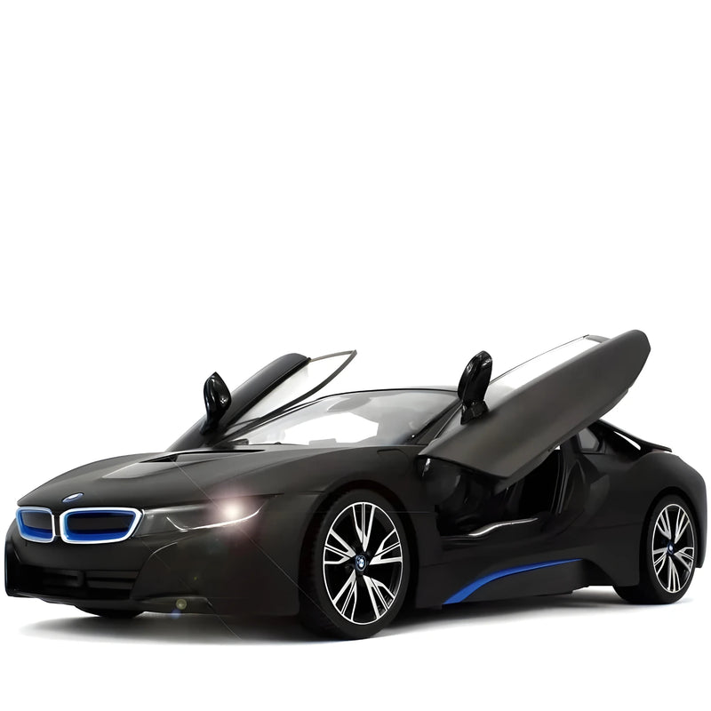 Black BMW i8 car with open doors on a white background
