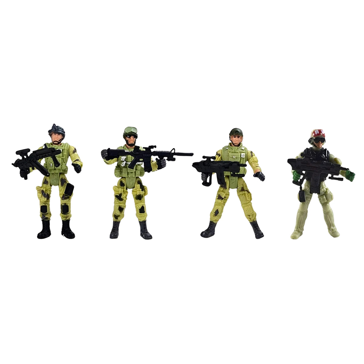 Four toy action figures in military gear with weapons on a white background