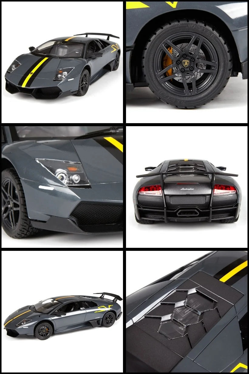 Collage of a sports car with close-up details on a white background