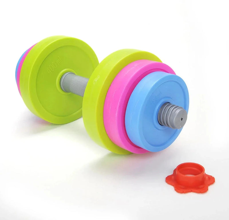 Educational kids' fitness dumbbell toy with stackable weights in assorted colors, encouraging active play and coordination.