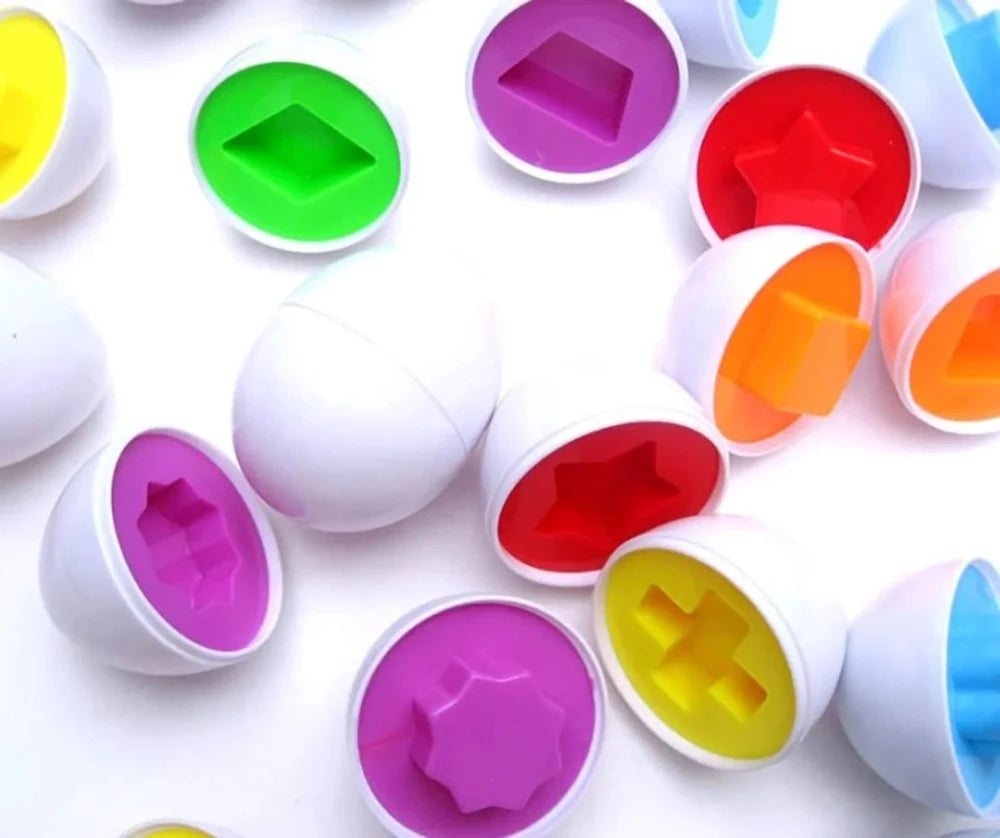 Educational puzzle egg toy set designed to teach shapes and colors, ideal for early development.