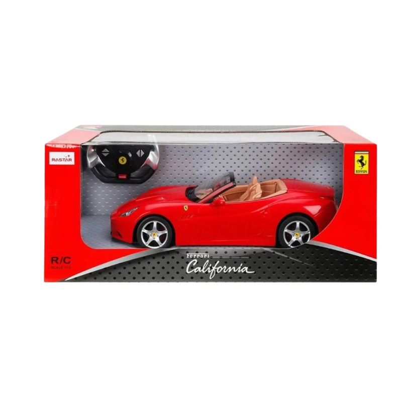 Red Ferrari model car in a clear window box with remote control, on a white background