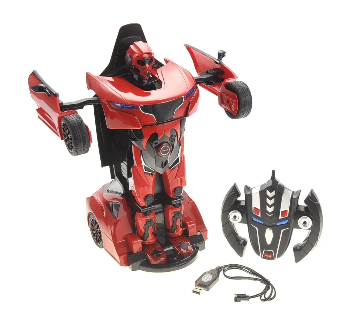 Red and black robot toy with a USB cable on a white background
