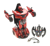 Red and black robot toy with a USB cable on a white background