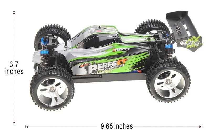 Green and black remote control car with measurements on a white background