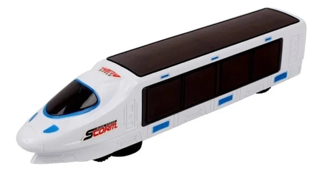 Electric toy train with black roof and sleek modern design for kids