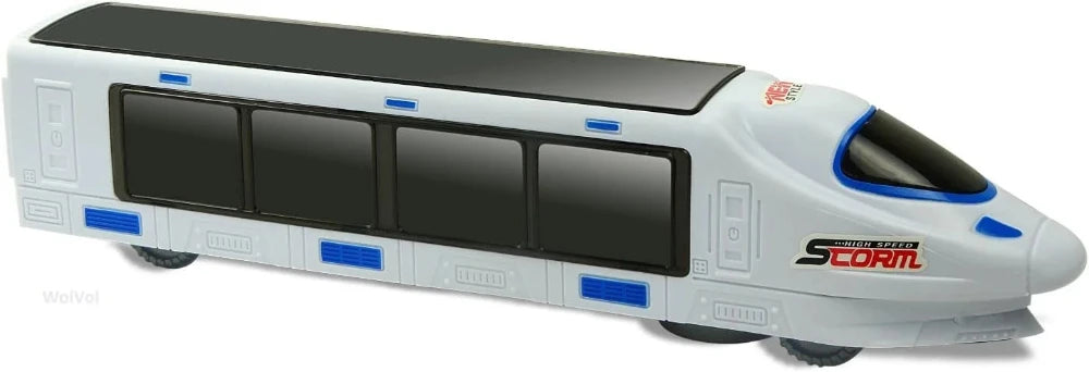 Side view of high-speed electric train toy with realistic details and light-up features.
