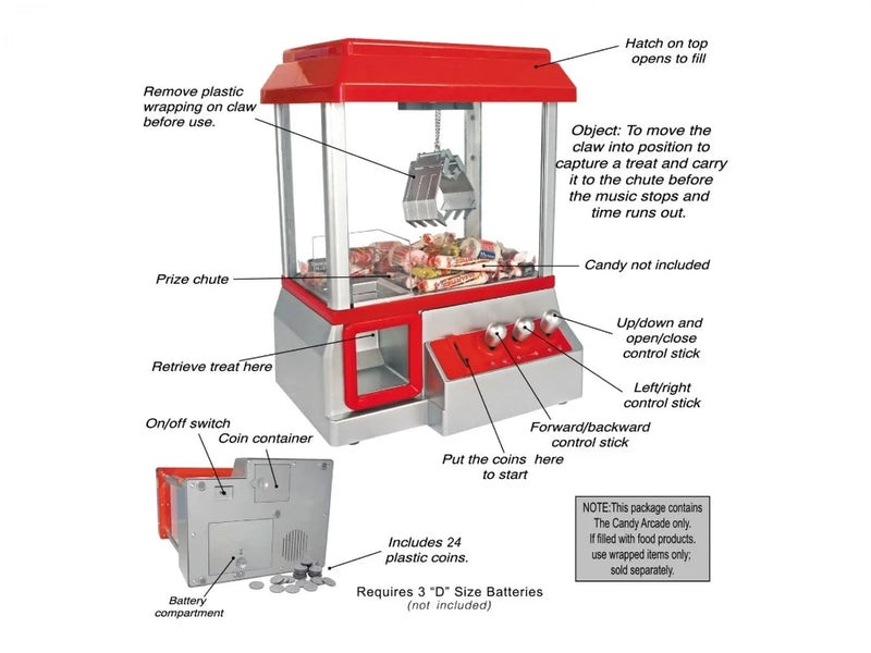 Instructional image for the Electronic Arcade Claw Crane Game showing features and setup, ideal for entertainment