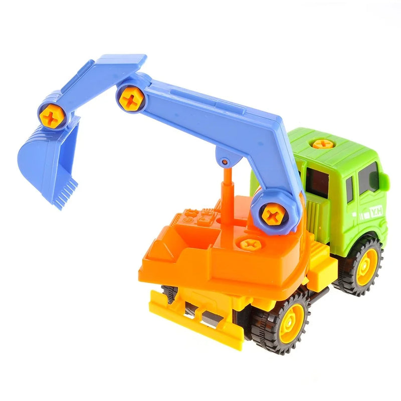 Close-up of the arm of a take-apart excavator and dump truck toy, engaging play for young builders.

