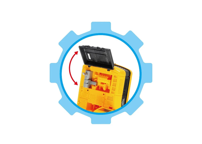 Open back feature of large yellow excavator toy for kids