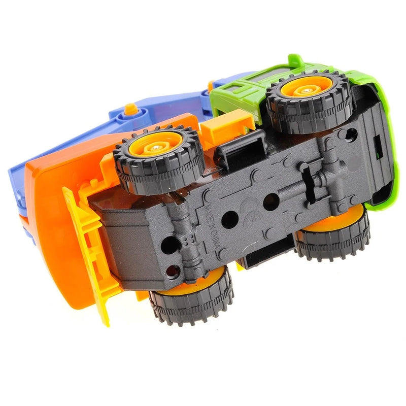 Bottom view of an excavator toy truck showcasing its wheels and structure, part of a toy construction set.