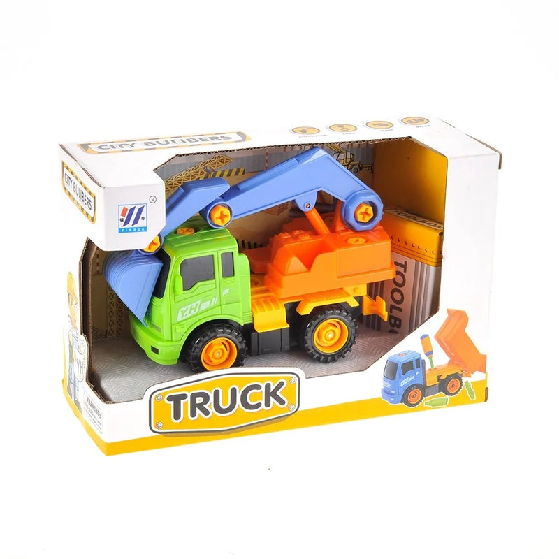 "Colorful excavator toy truck in its package, perfect for kids' play and construction-themed toys