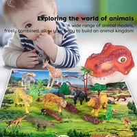 Baby playing with an animal-themed playmat and toy set, featuring a dinosaur head storage box for easy organization.