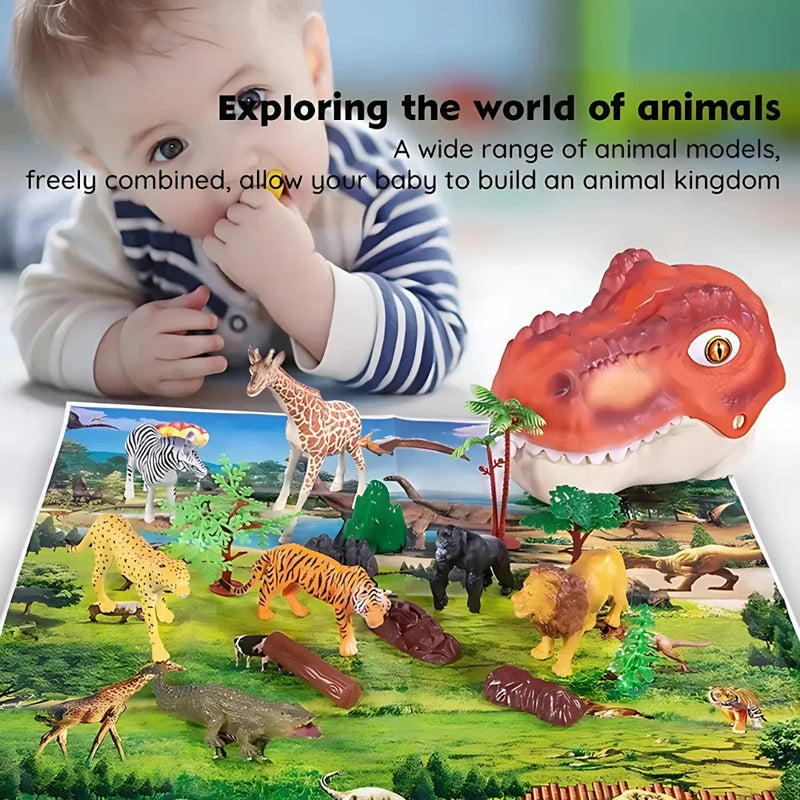 Baby playing with an animal-themed playmat and toy set, featuring a dinosaur head storage box for easy organization.