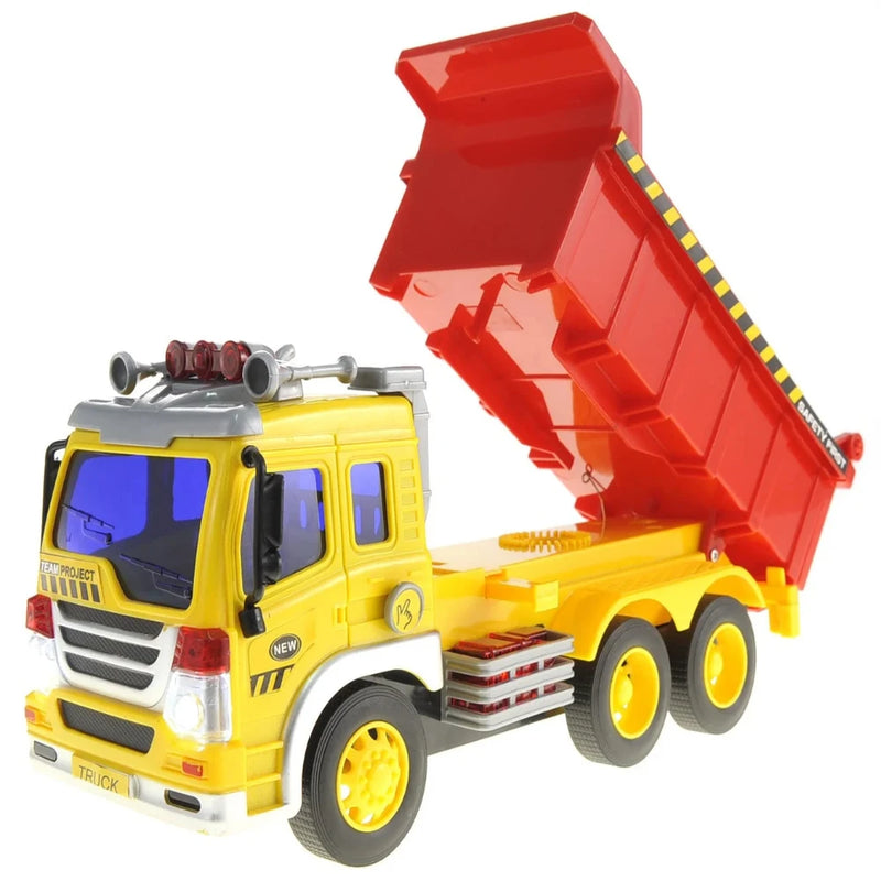 Side view of extra-large yellow dump truck toy with red container raised, perfect for kids' construction play.
