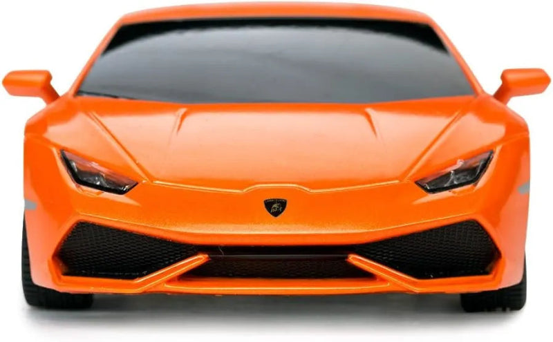 Orange sports car with a prominent brand logo on a white background
