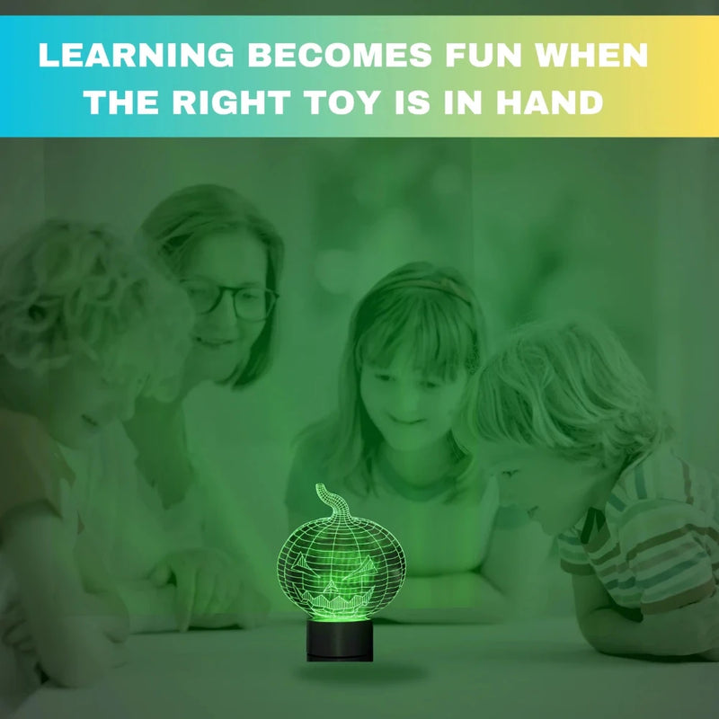 Family enjoying a fun learning experience with a Halloween pumpkin LED lamp glowing in green