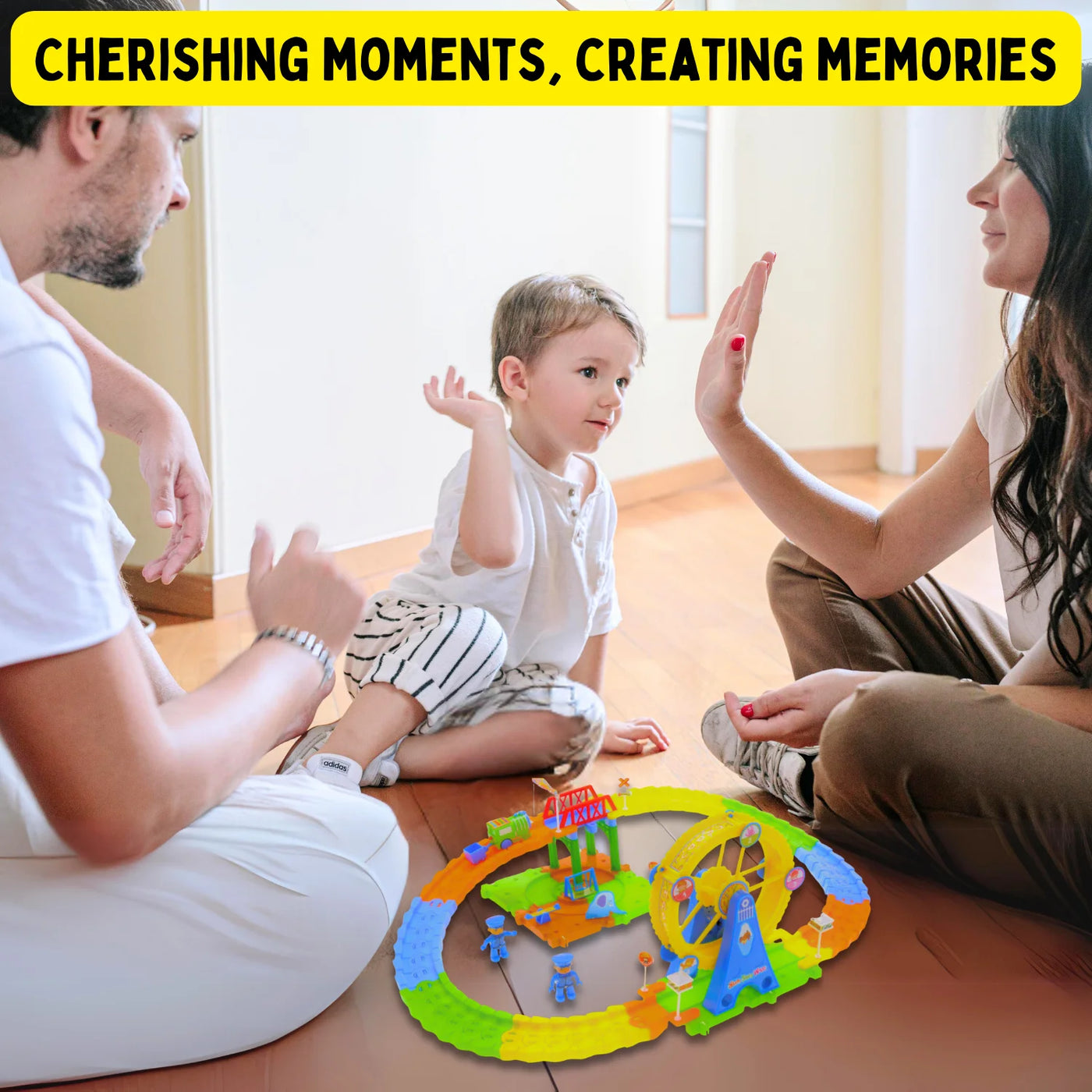 Family playing with a colorful toy train set, creating memories and bonding time. Keywords: train set, toy train set, christmas train set.