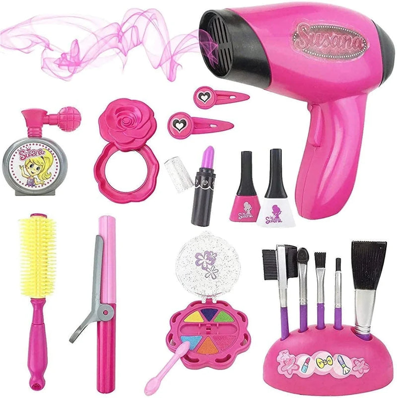 Complete fashion beauty set toy for kids with hair dryer, makeup brushes, and accessories