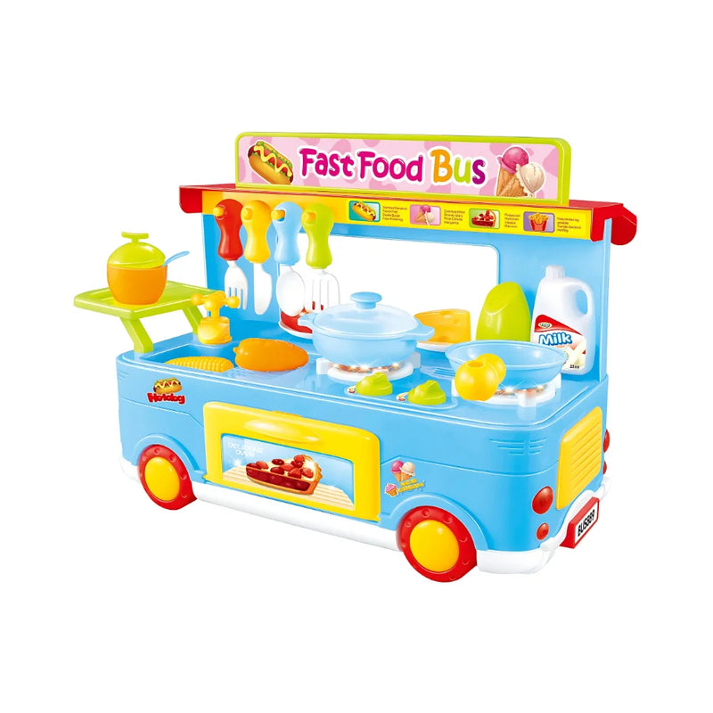 Colorful fast food bus toy set with kitchen play accessories for children