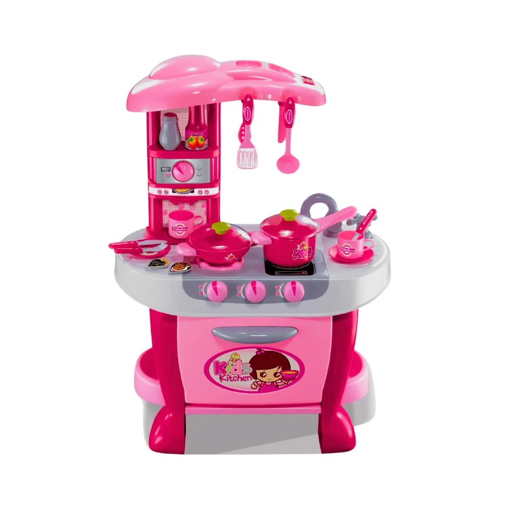 "Kids fast food play set with stove, utensils, and kitchen accessories in pink and grey for imaginative cooking play