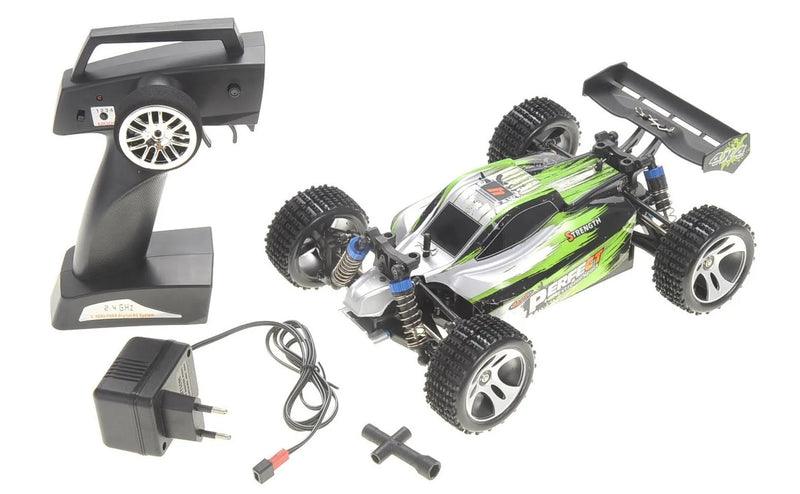 RC car with controller and charger on a white background