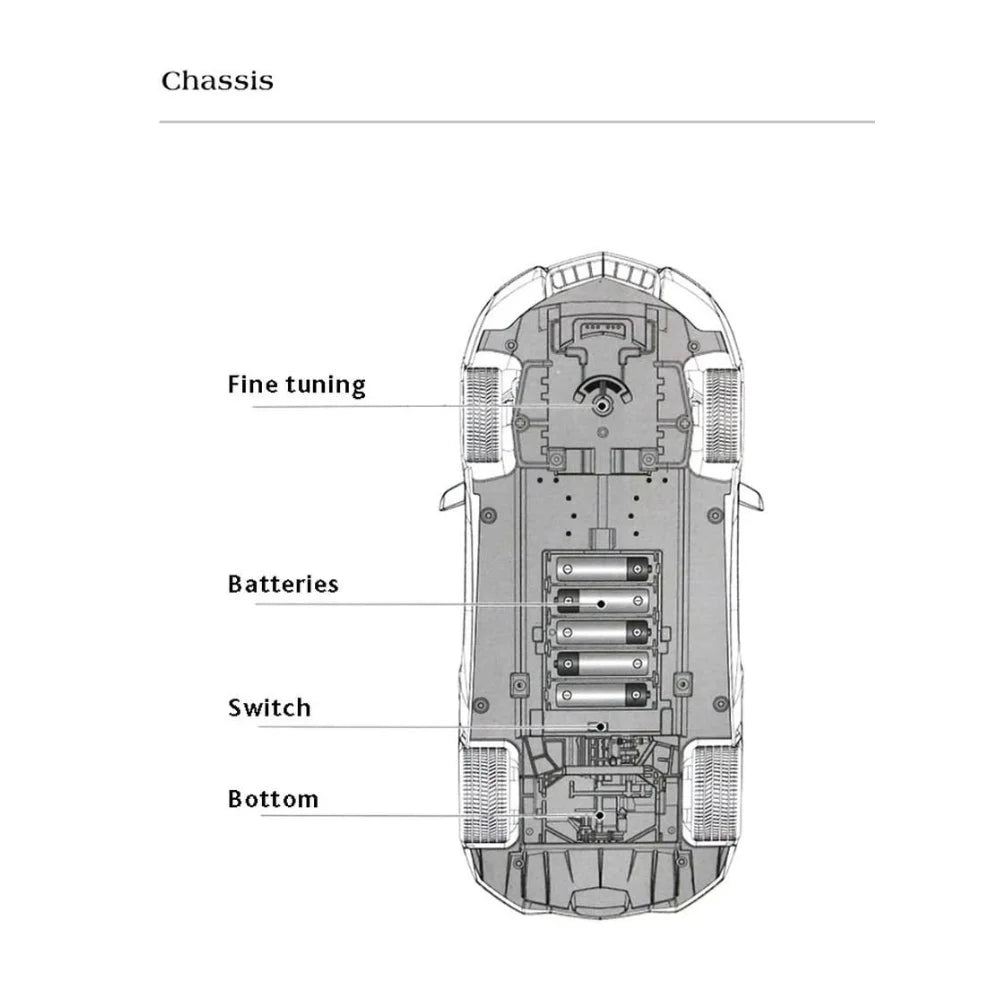 Chassis view of Ferrari 458 RC Car showing battery and tuning components