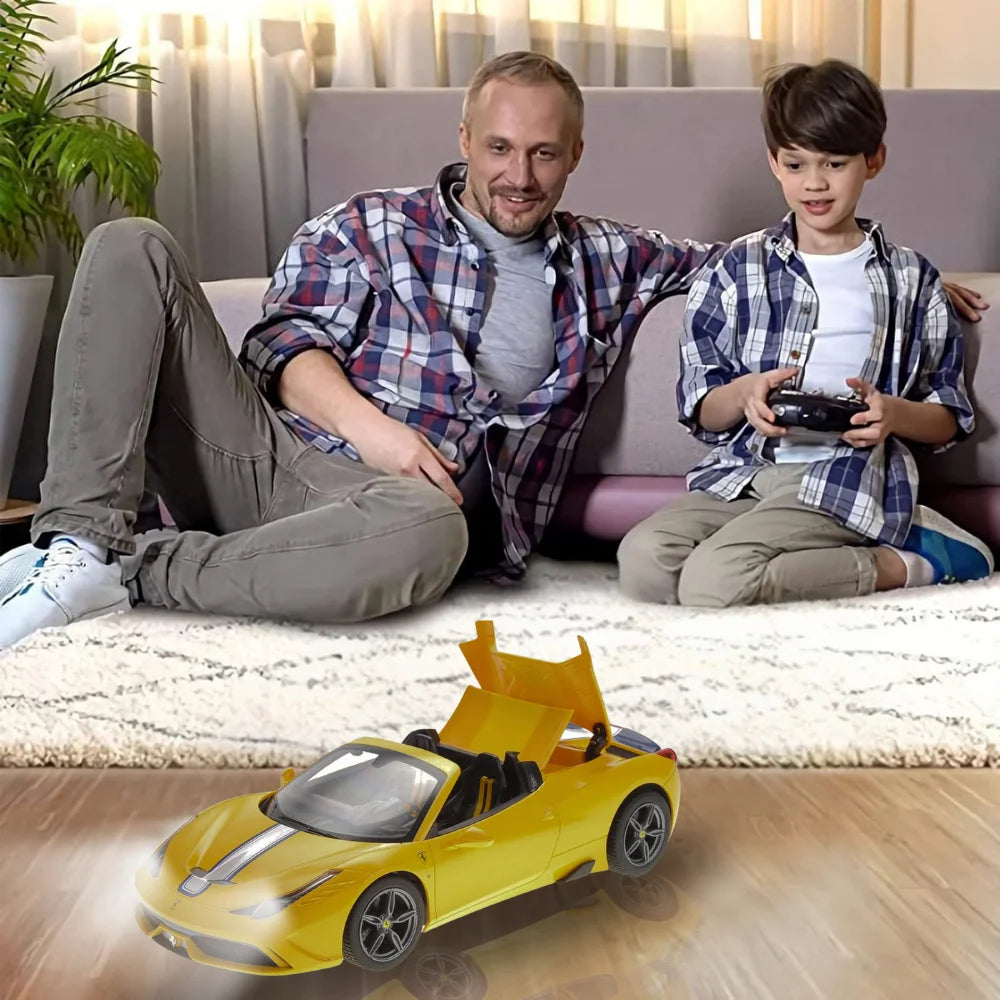 Father and son enjoying the Ferrari 458 Italia RC Car in a family play setting