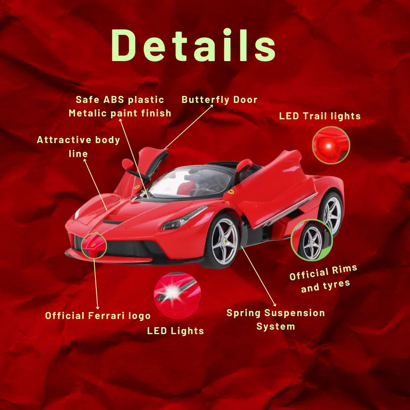 Ferrari LaFerrari RC car with feature highlights like LED lights, butterfly doors, and official logo