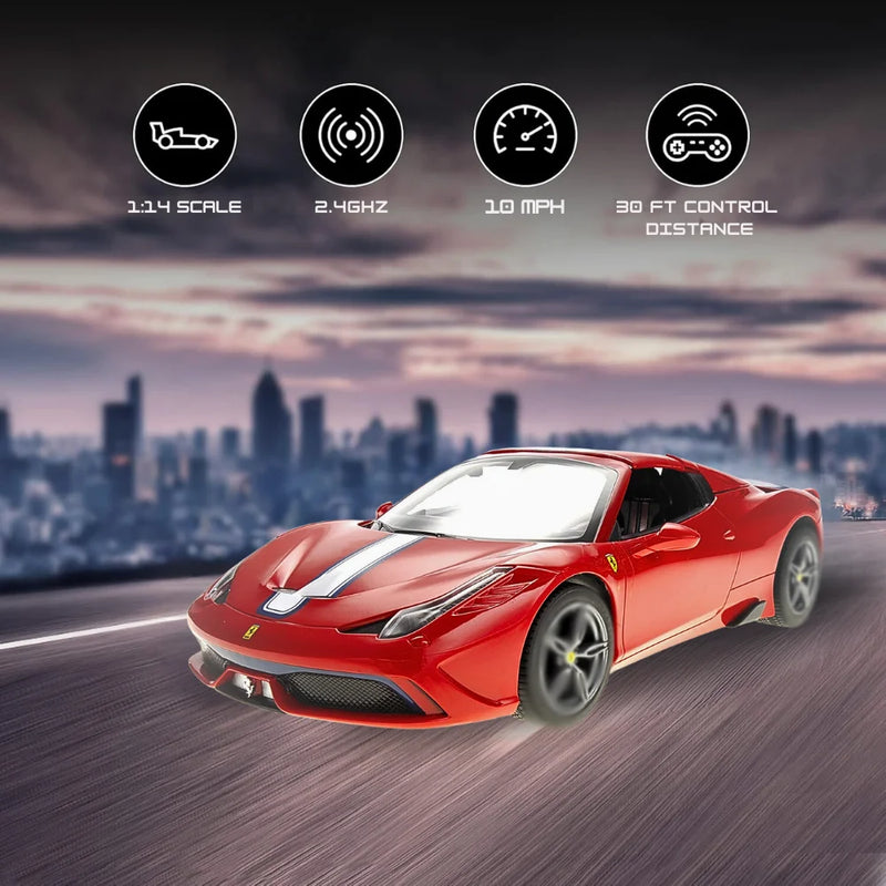 Ferrari RC car on the road with a city skyline in the background, 1:14 scale