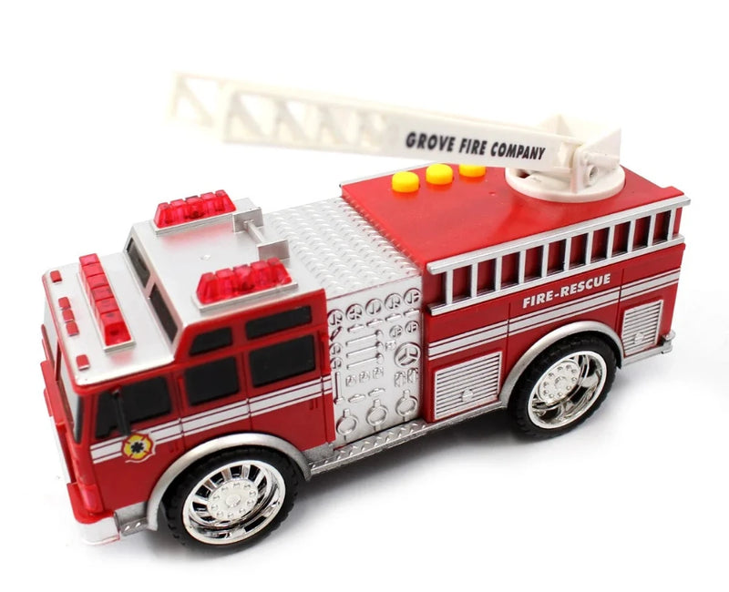 Toy fire truck featuring a detailed ladder and fire-rescue decals