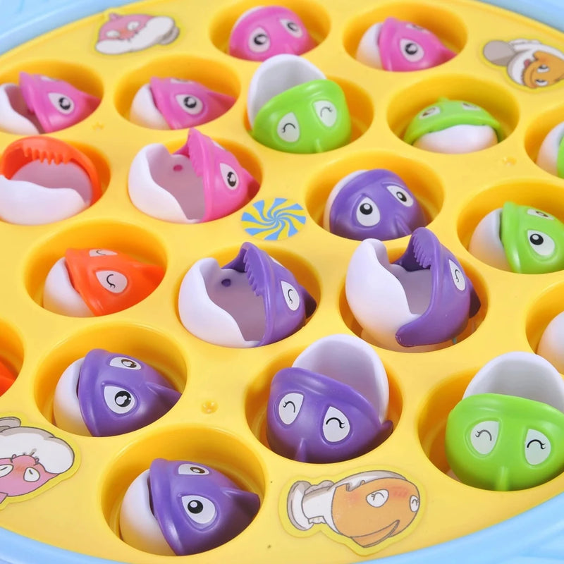 Close-up of colorful fish on the fishing game board, showing interactive elements for kids' fun