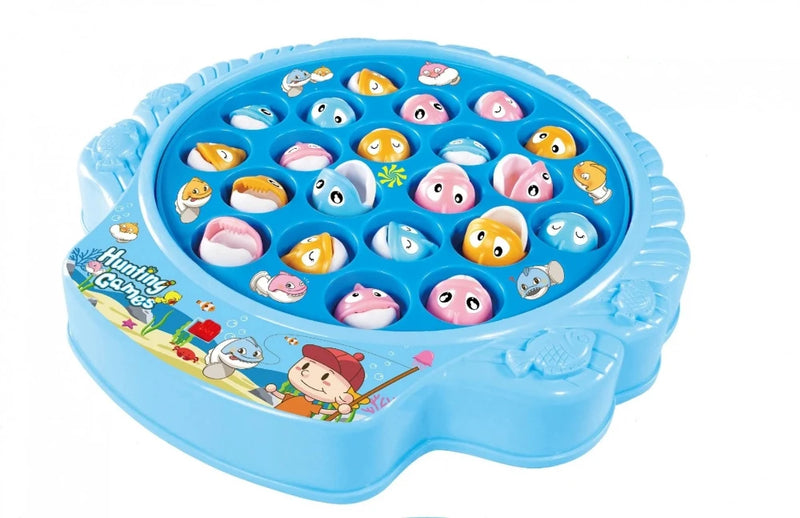Blue fishing game toy set for kids with colorful fish and rotating fishing board for interactive play."
