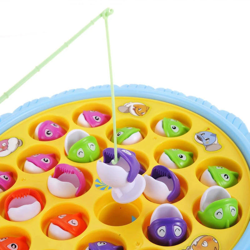 Interactive fishing game toy with a fishing hook catching a fish on a rotating board, designed for kids.