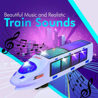 Electric train toy with beautiful music, realistic train sounds, and flashing lights.