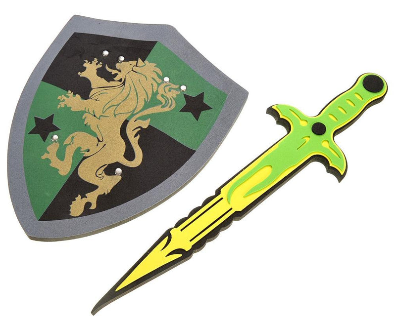 Toy sword and green lion shield set made of foam, perfect for safe play and adventure games