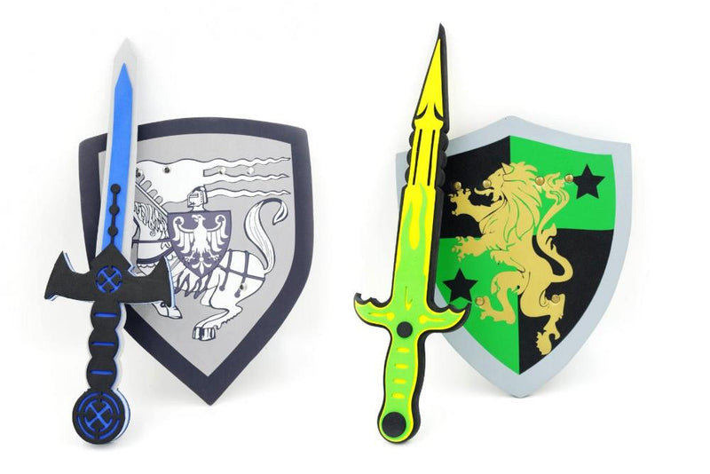 Foam sword and shield set with blue and yellow colors, ideal for kids' medieval roleplay games