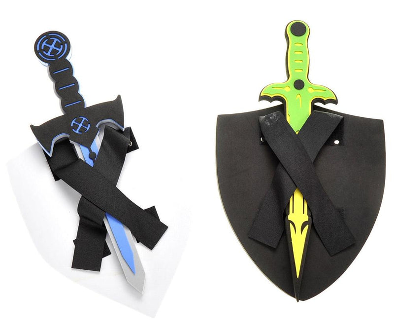 Foam sword and shield set with blue and green swords, perfect for kids' imaginative play and costume fun.