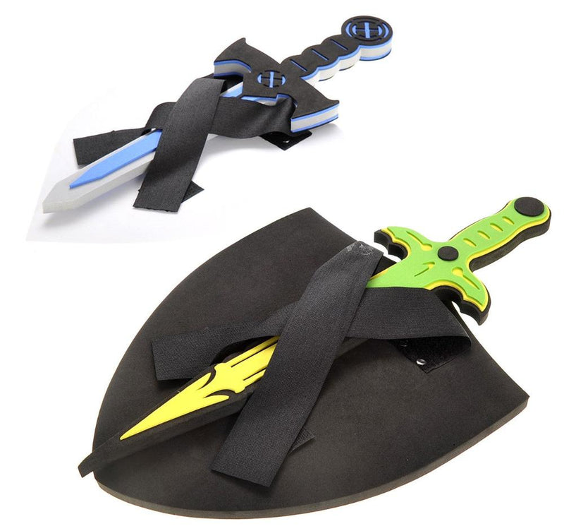 Toy swords and shields set in dual colors, featuring foam materials for safe pretend play.