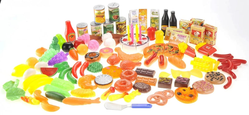 Complete play food set with an assortment of realistic food items including cakes, donuts, and vegetables for pretend kitchen play