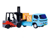 Forklift truck lifting boxes onto a blue truck, engaging toy set for children