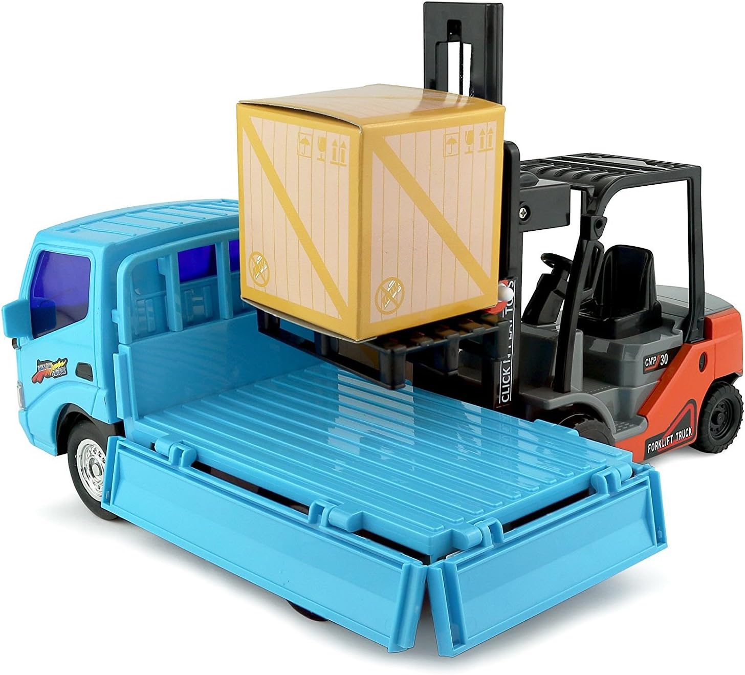 Toy forklift truck loading boxes onto a blue toy truck, engaging toy playset for children.