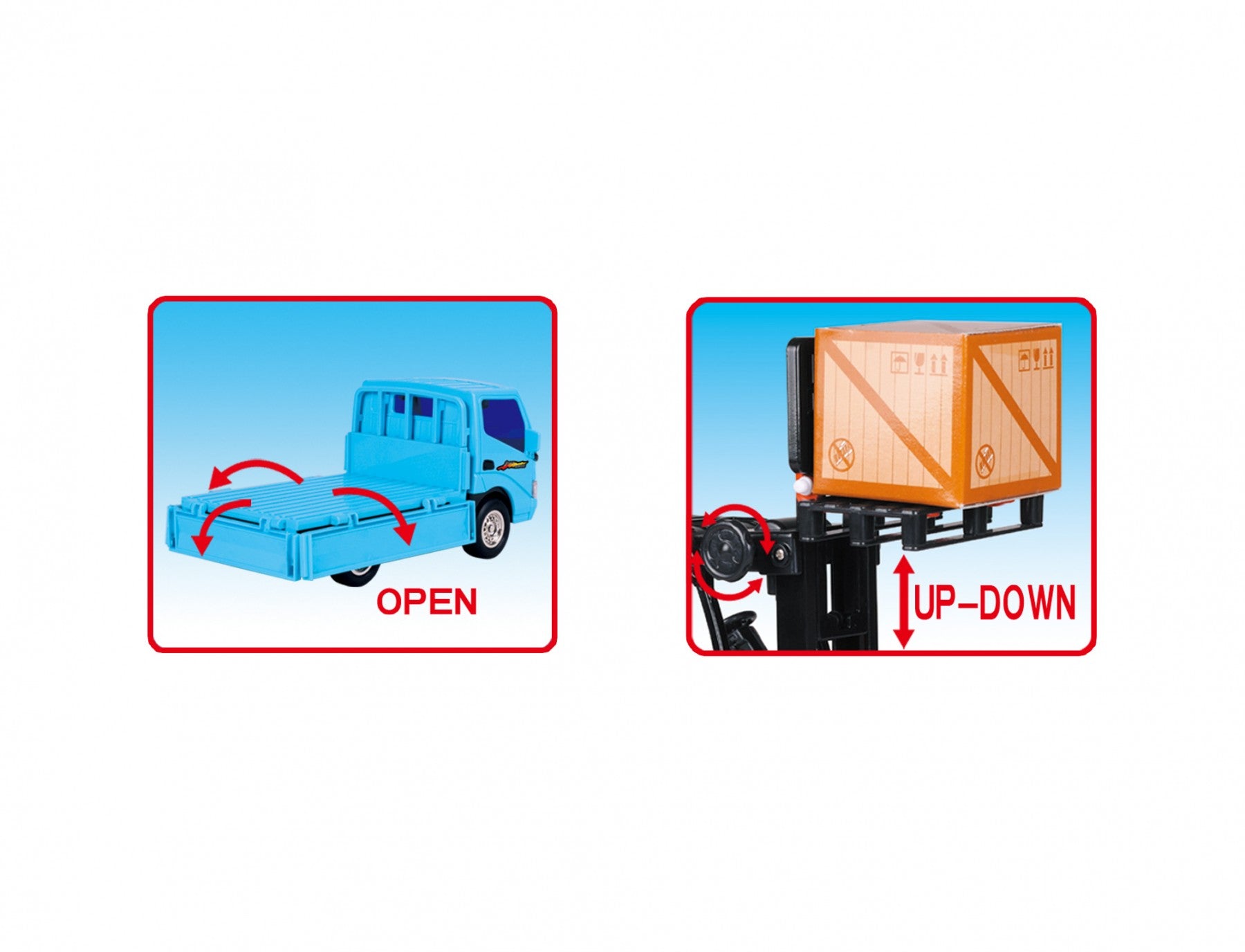 Forklift toy with an open-bed truck and lifting box, offering interactive play for children.