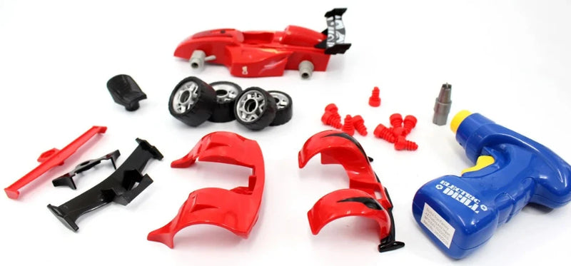 Formula 1 car toy parts set with wheels, body panels, and electric drill for assembly