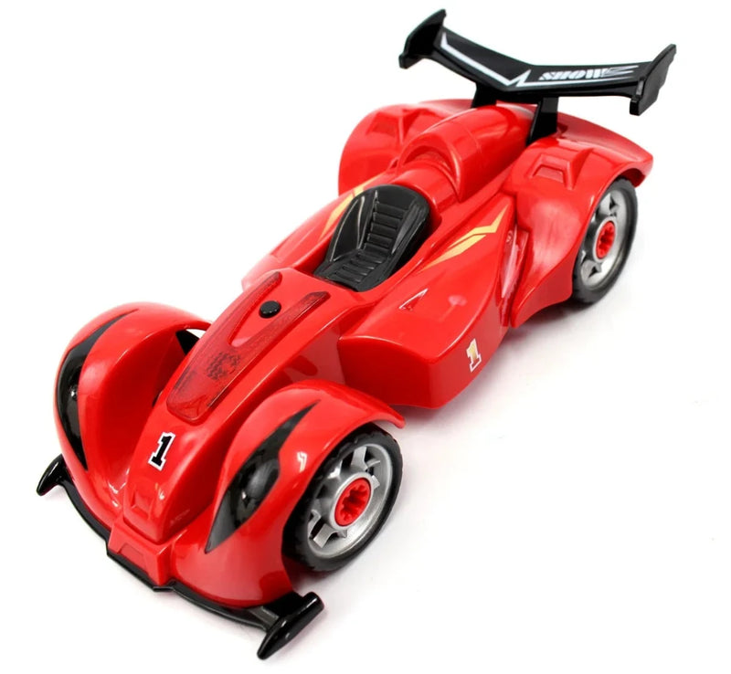 Side view of Formula 1 racing car toy in red, featuring aerodynamic design and detailed wheels