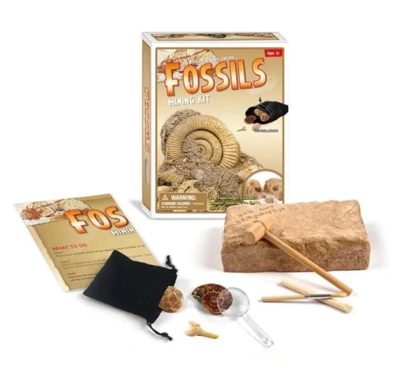 Complete Fossil Mining Kit for kids, with tools, fossils, and excavation block for educational play