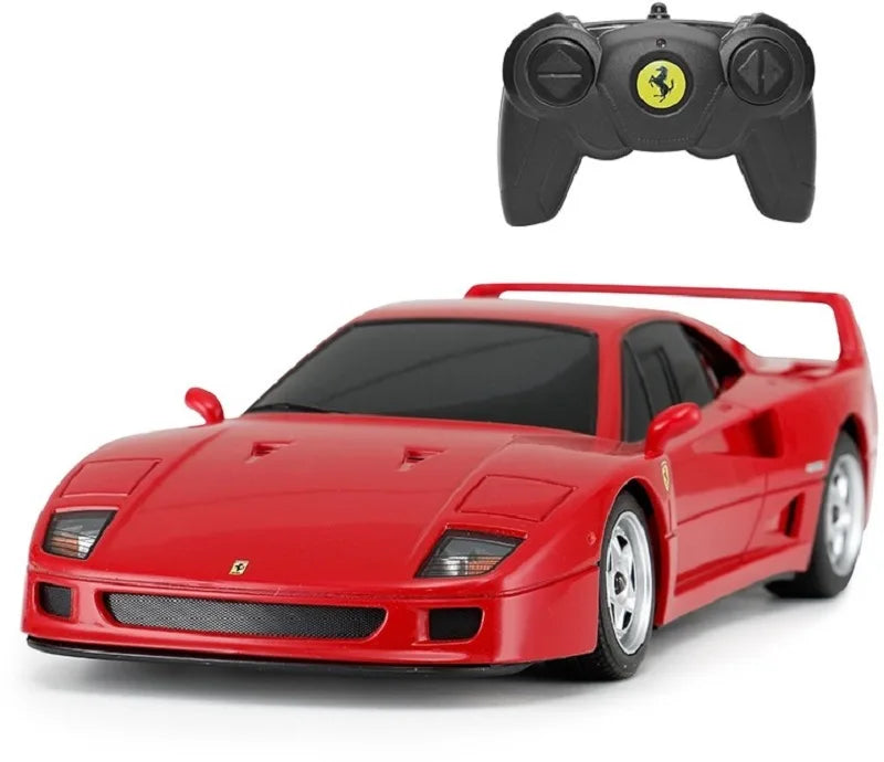 Red toy car with remote control on a white background